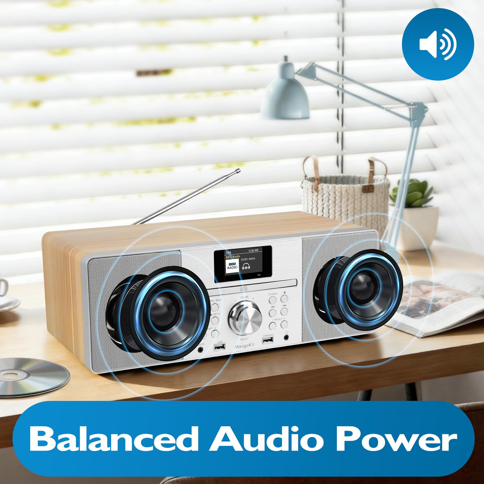 Lecteur CD avec Radio Dab/Dab+ et FM, Streaming Bluetooth, système Hi-FI stéréo 80 W, écran Couleur, 60 Stations préréglées, télécommande, Coffret en Bois Acoustique, MANGOKIT MS1-Arce