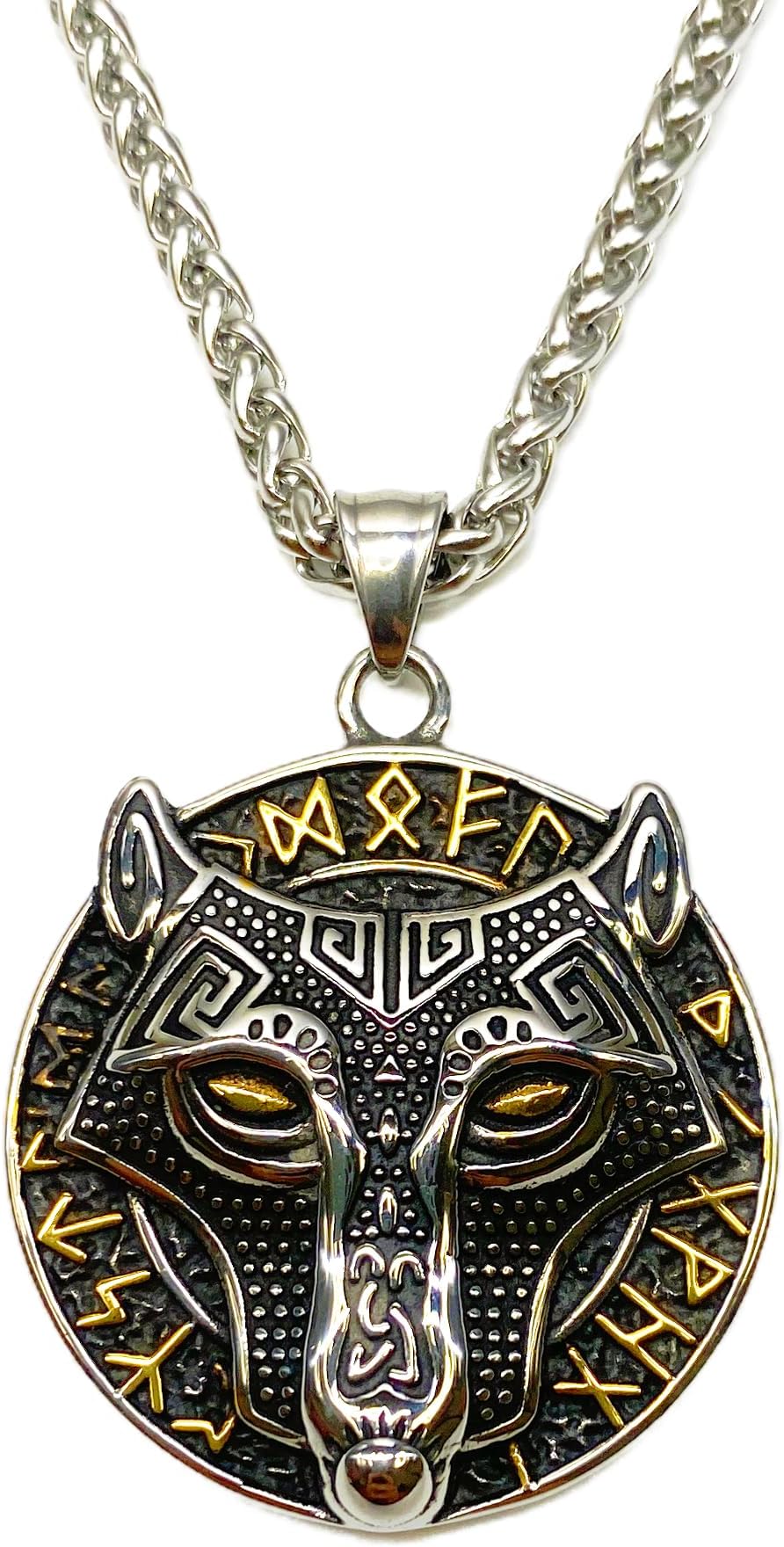 FANCY-JViking Fenrir Wolf Talisman Necklace Stainless Steel Chain for Men Vintage Men's Jewelry Norse Pagan Viking Amulet Pendant Perfect Wolf Gift for Viking and Valhalla Enthusiasts