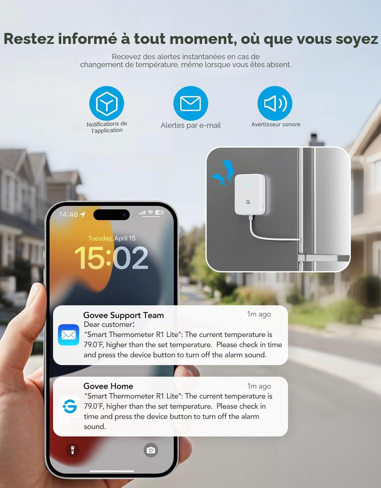 GoveeLife Thermomètre de réfrigérateur WiFi avec alarme, jauge de température numérique sans fil avec contrôle par application, 2 ans d'exportation de données gratuite, pour la maison, la cuisine, le