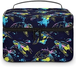 Large Travel Makeup Bag Organizer - Leather Travel Colorful Turtle A Print Cosmetic Toiletry Bag for Women, Nail Skincare Makeup Case Organizer with Compartments Brush Storage And Handle