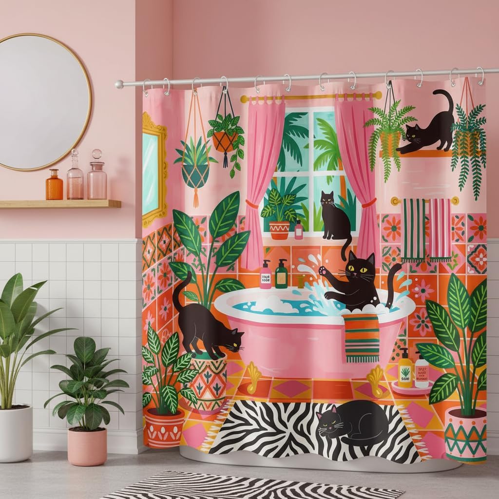 Funny Cat Shower Curtain Boho Cute Fun Black Cats Pink Shower Curtains for Bathroom Tropical Plants Leaves Kitten Girly Decorative Waterproof Bath Curtain Decor 72 X 72 Inches image 2