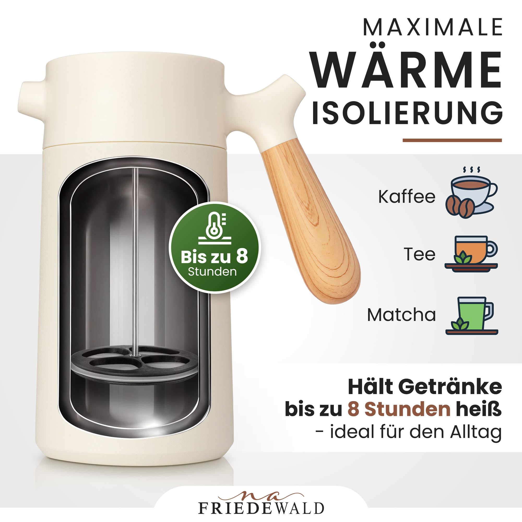 Friedewald® Thermo French Press - für Kaffee & Tee - 1L/8 Tassen - für Camping und Zuhause - doppelwandig isoliert - Französische Kaffeepresse - Österreichischer Edelstahl - 8h Thermo (Creme-Beige)