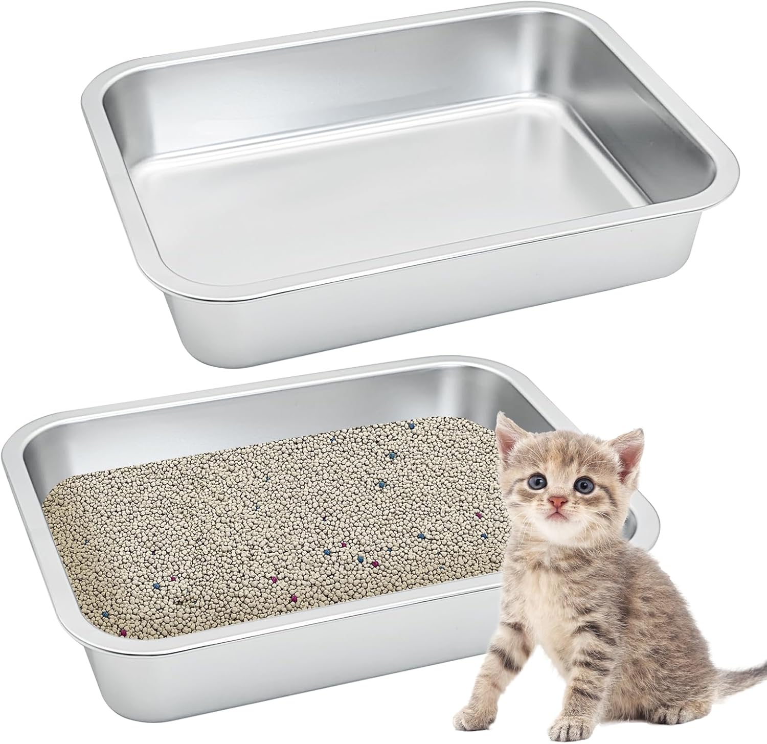 Fhiny 2 PCS Stainless Steel Kitten Litter Box, Small Size Low Entry Metal Cat Open Litter Pan Potty Kitten Training Toilet Odor Control Smooth Surface (3XL:15.7 x 11.8 x 2.8 in)