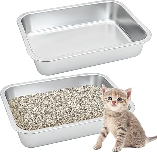 Fhiny 2 PCS Stainless Steel Kitten Litter Box, Small Size Low Entry Metal Cat Open Litter Pan Potty Kitten Training Toilet Odor Control Smooth Surface (3XL:15.7 x 11.8 x 2.8 in)