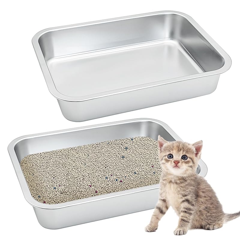 Caixa de areia para gatos em aço inoxidável com entrada baixa Fhiny 3XL, 2 unidades