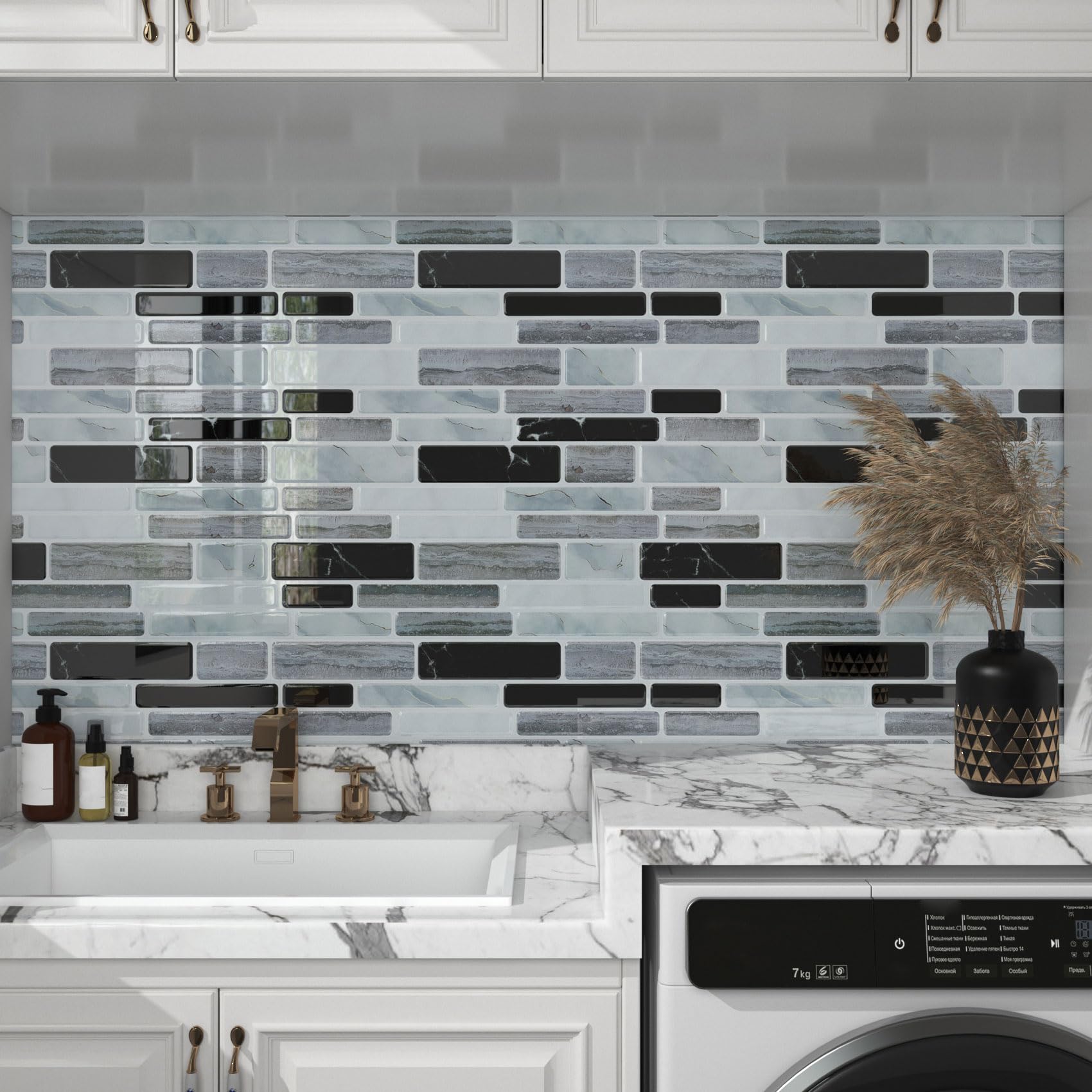 LaCheery 18 Pezzo Piastrelle Adesive Bagno Marmo Grigio Nero Mattonelle Adesive Muro 30.5cm x 30.5cm Piastrelle Adesivo Marmo Vinile Impermeabile Paraschizzi Cucina Adesivo 3D per Bagno Autoadesiva