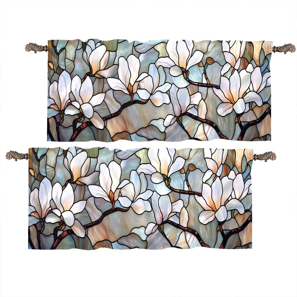 2 Panels Vintage Floral Curtain Valance for Windows, Stained Glass Flower Design Rod Pocket Short Window Treatment Decor Drapes for Kitchen, Bathroom, 54" X 18"