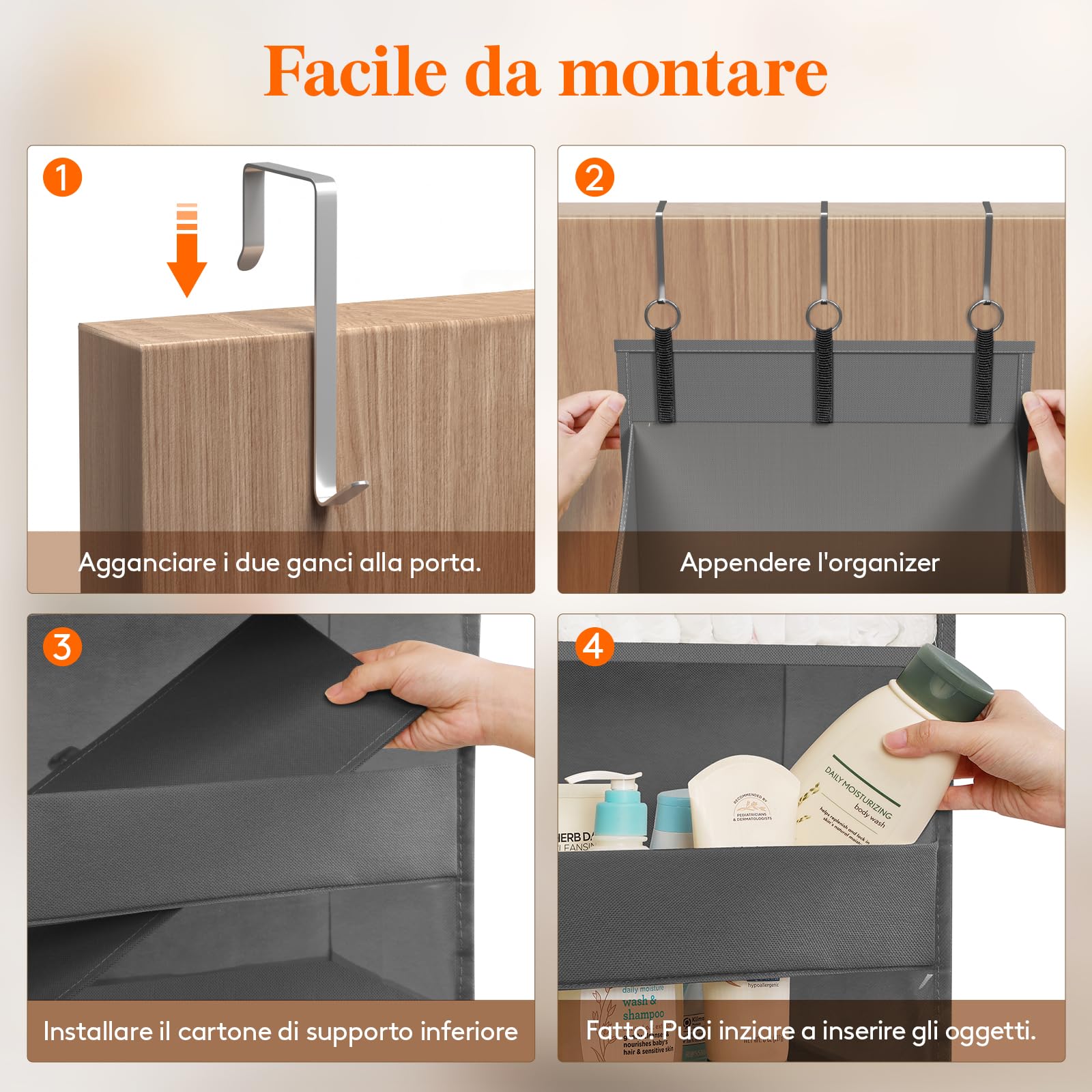 Lifewit Portaoggetti da Appendere con 4 Tasche Laterali e 2 Ganci, Organizer Appendere, Capacità 18 kg (40 lbs), Mensole Porta per Camera da Letto, Bagno, 5 Ripiani, 5 Scomparti, Grigio