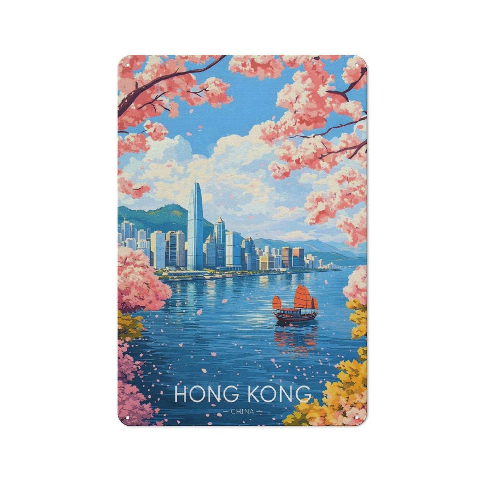Junmoney Style-16 Hong Kong Skyline With Cherry Blossoms Printed Metal Sign 30X20cm For Workshop Wall, Suited To Metal Sign Collectors, For Retro Home Interiors