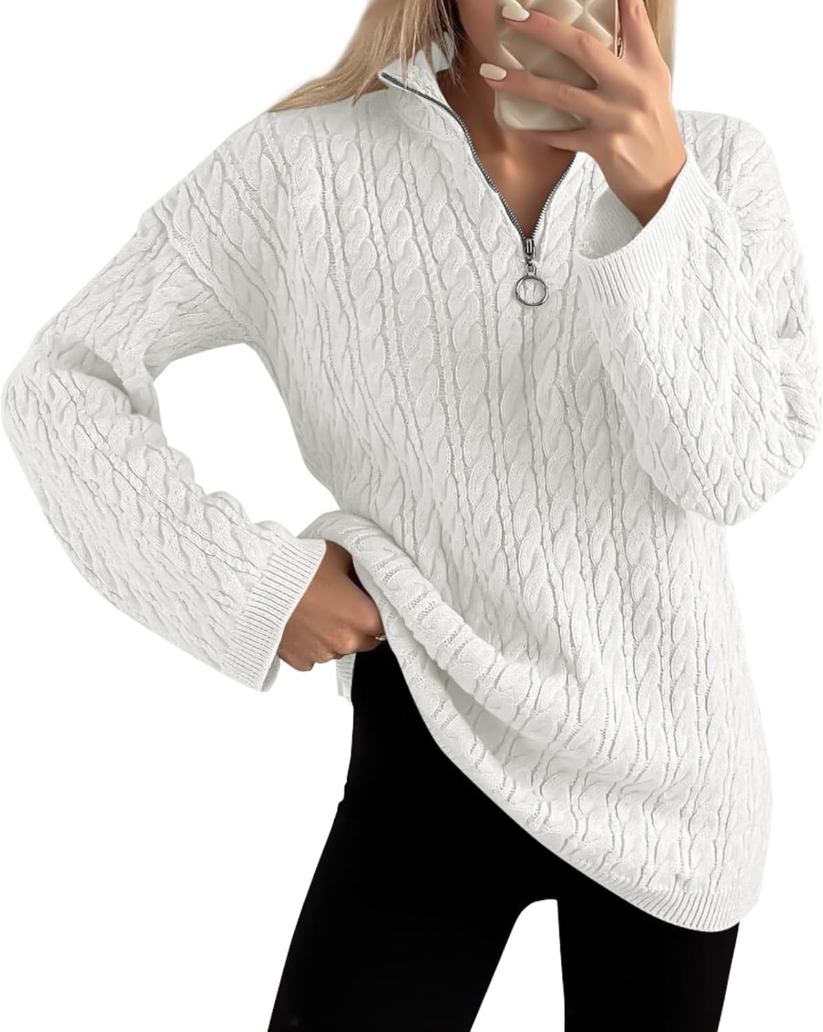 Imily Bela Womens Cable Knit Half Zip Sweater V Neck Collared Fall Trendy Oversized Long Sleeve Pullover Tops