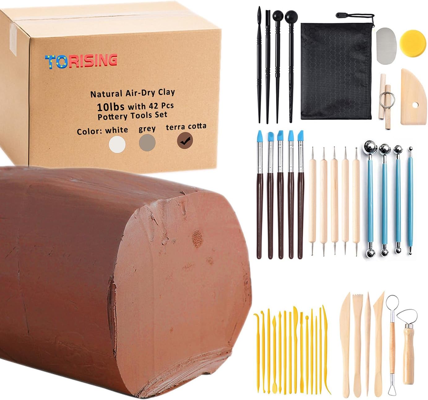 TORISING Baking Clay Air Dry Clay 10 LBs with 42 Pcs Set Pottery Clay Tools Set for Hand Modeling and Throwing, Non-Toxic (Terra Cotta & Kit)