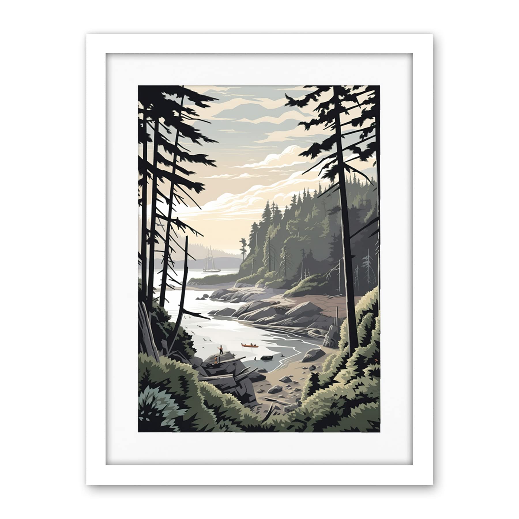 Artery8 Great Bear Rainforest Hikers Coastal Landscape Artwork Framed Wall Art Print 18X24 Inch