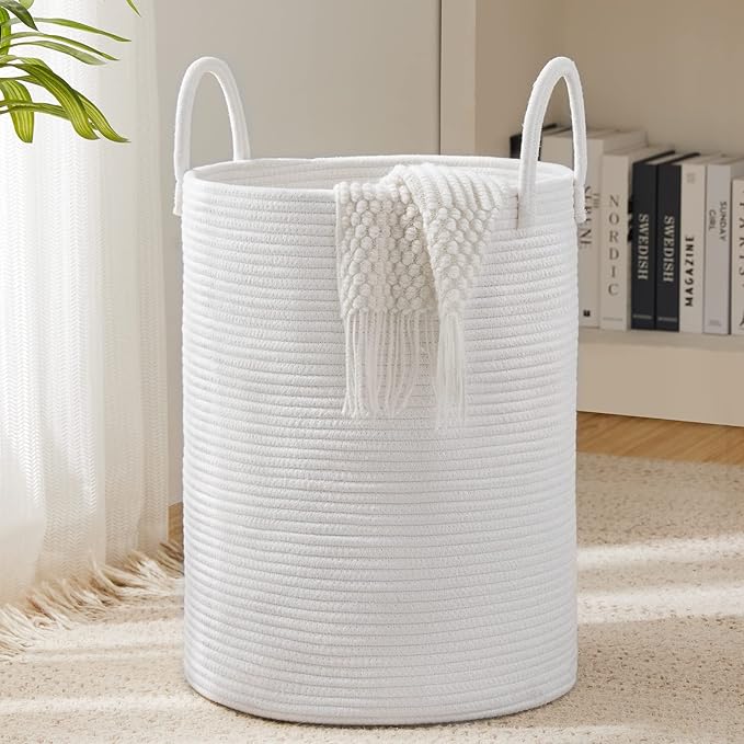 Woven Rope Laundry Hamper Basket by YOUDENOVA, 58L Tall Laundry Basket, Baby Nursery Hamper for Blanket Storage, Clothes Hamper for Laundry in Bedroom-Large-Pure White