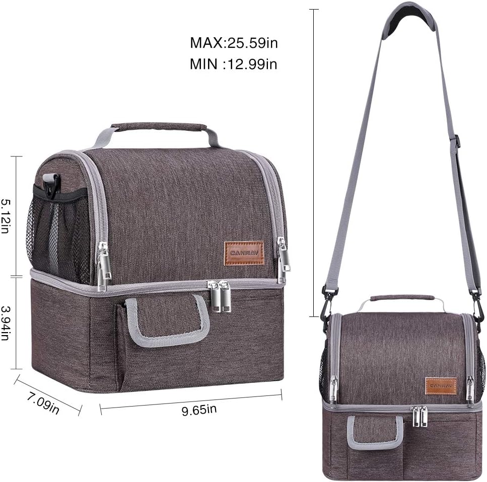 Insulated Lunch Bag, Dual Compartment Lunch Tote Box Leak-proof Bento Organizer,Double Deck Cooler for Men, Women for Office/Picnic/Travel/Camping (Coffee)