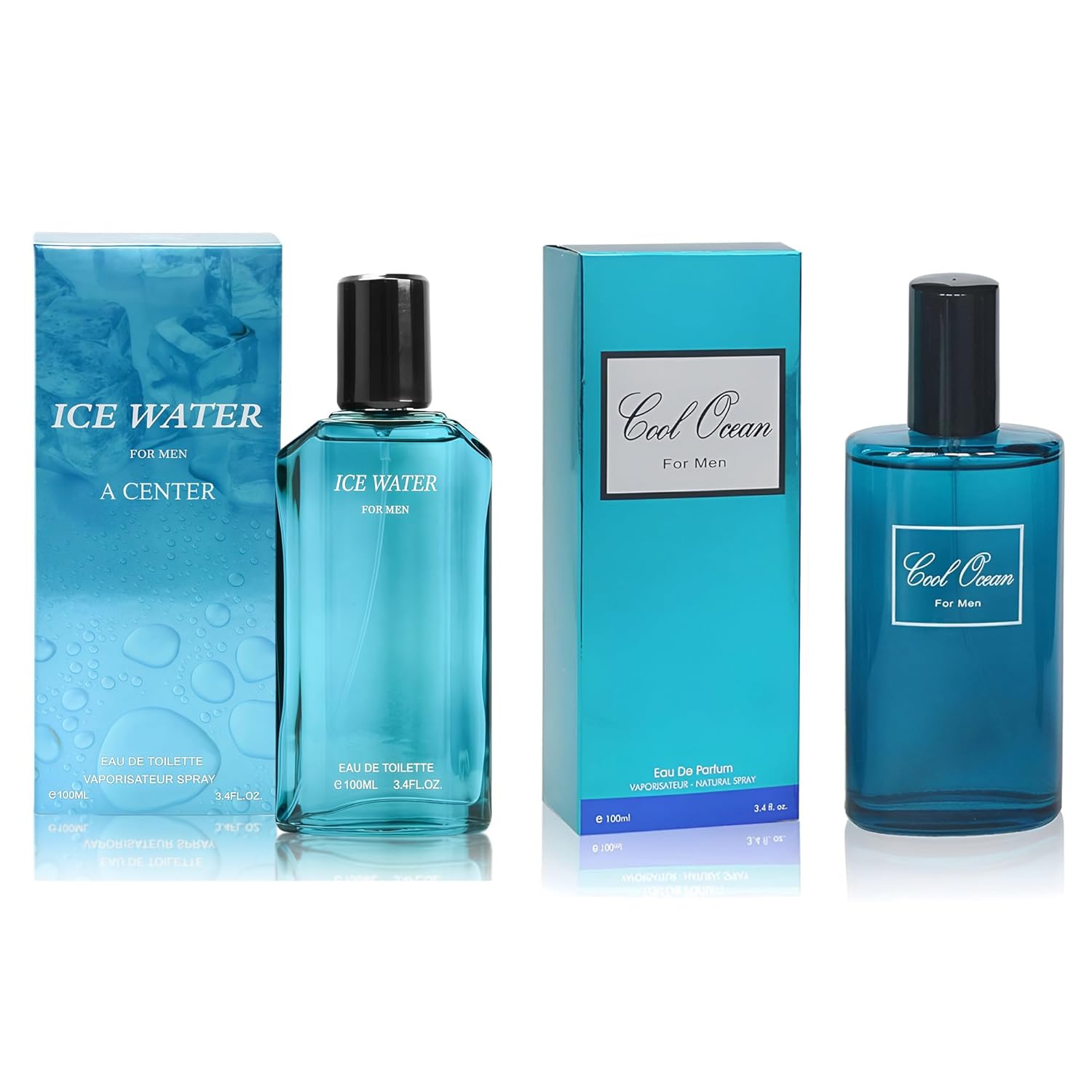A CENTER Cool Ocean &Ice Water Men's Cologne Gift Set - 3.4 Fl Oz Each | Amber Floral & Vanilla Leather Fragrance | Eau de Toilette Duo for Daily & Special Occasions