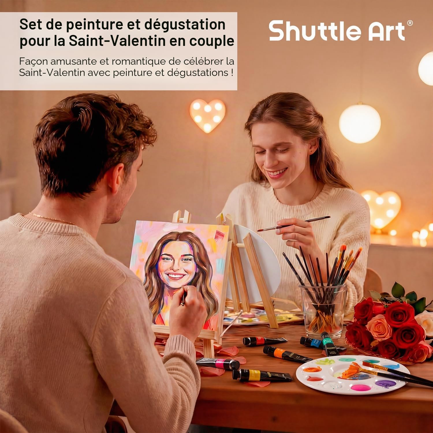 Shuttle Art Kit Peinture Acrylique 58 Pièces, 2 x 15 Tubes Peinture Acrylique (12ml), 2 Chevalets, Toiles, Pinceaux, Palettes, Fournitures Artistiques pour Adultes/Débutants