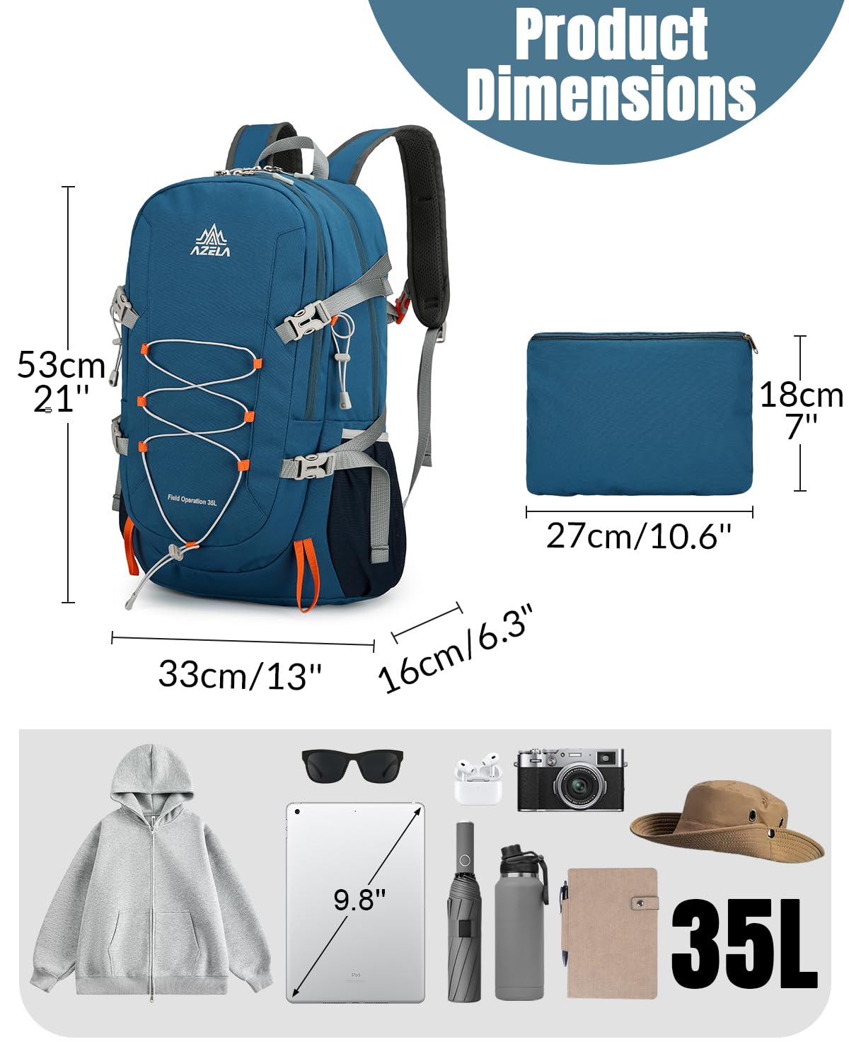 Zaino da trekking pieghevole da 35 l, unisex, leggero, con cinghia toracica, grande zaino pieghevole per campeggio, viaggi, sport, Blu, L, Casual