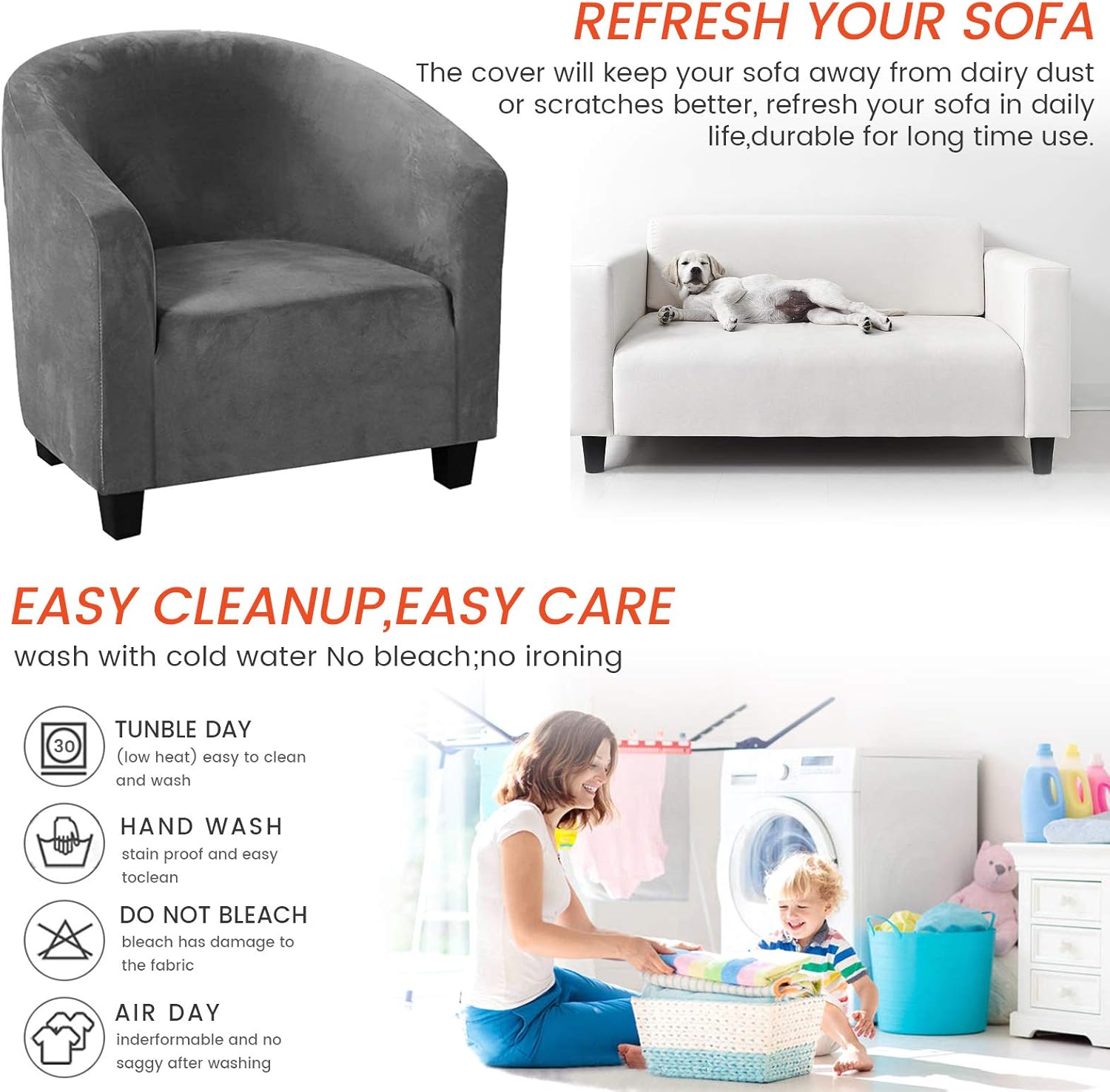 Beacon Pet Club Chair Slipcover,Stretch Velvet Tub Chair Covers Removable Armchair Cover Slipcovers Sofa Cover Spandex Couch Covers Furniture Protector with Elastic Bottom for Living Room(Gray)