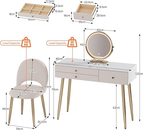 Miniatura 8 de Escritorio de tocador con espejo y luces| Juego de tocador de maquillaje moderno beige de 39 pulgadas con cajones y silla ajustable | Tocador blanco