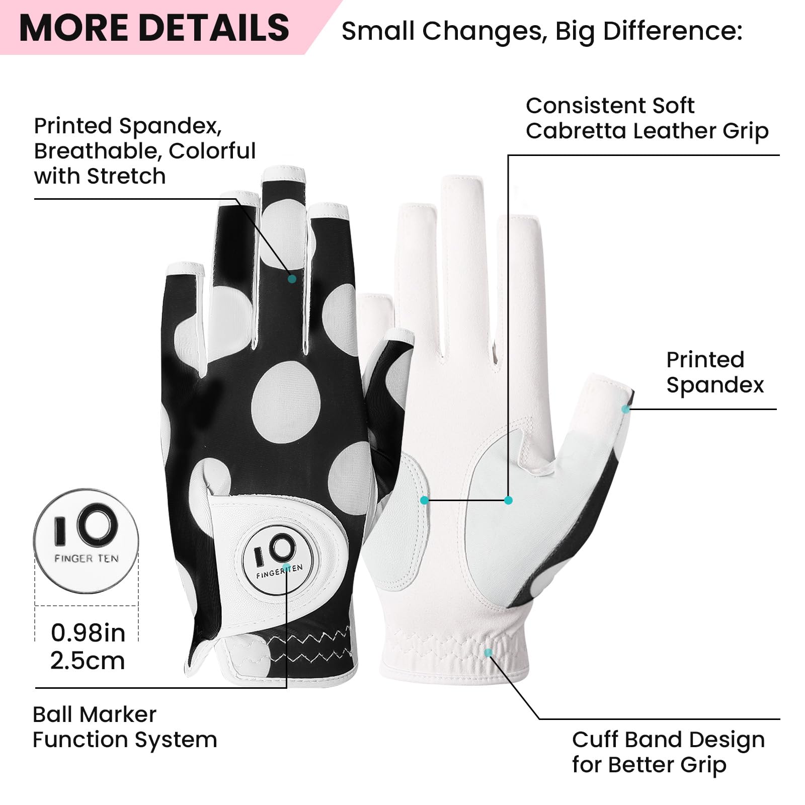 Golf Gloves Women Left Hand Right Cabretta Leather With Ball Marker Full Finger/Nail Colors Value Pack - Image 2