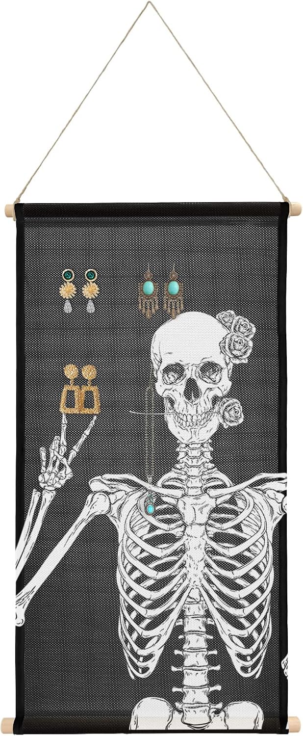 Hanging Earring Jewelry Organizer, 12"x24", Black, Rustic, Halloween, 660 Holes, 20 Hooks, Stud, Dangle, Hoop, Necklace, Ring, Bracelet, Hair Accessories Holder