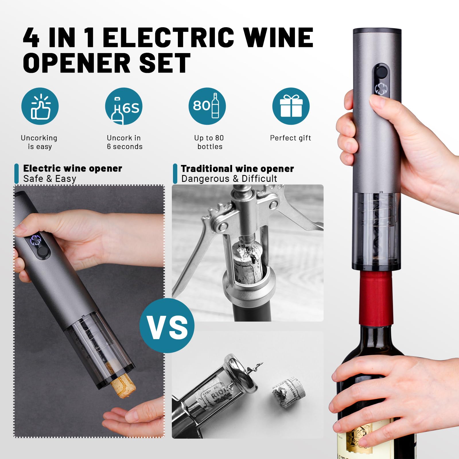 Juego de abridor de vino eléctrico, sacacorchos de vino automático recargable con cortador de papel de aluminio, tapón al vacío, vertido de vino para bodas, fiestas, regalos en el hogar (plateado) 4