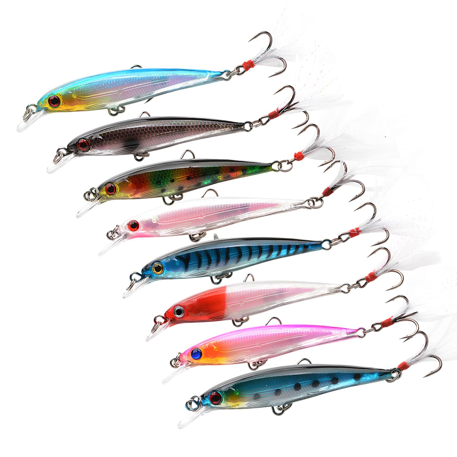Kit de Señuelos de Pesca con Caja – 8 Piezas Señuelos Spinning Artificiales 3D Realistas para Trucha, Lubina, Perca y Black Bass – Accesorios para Pesca en Agua Dulce y Salada