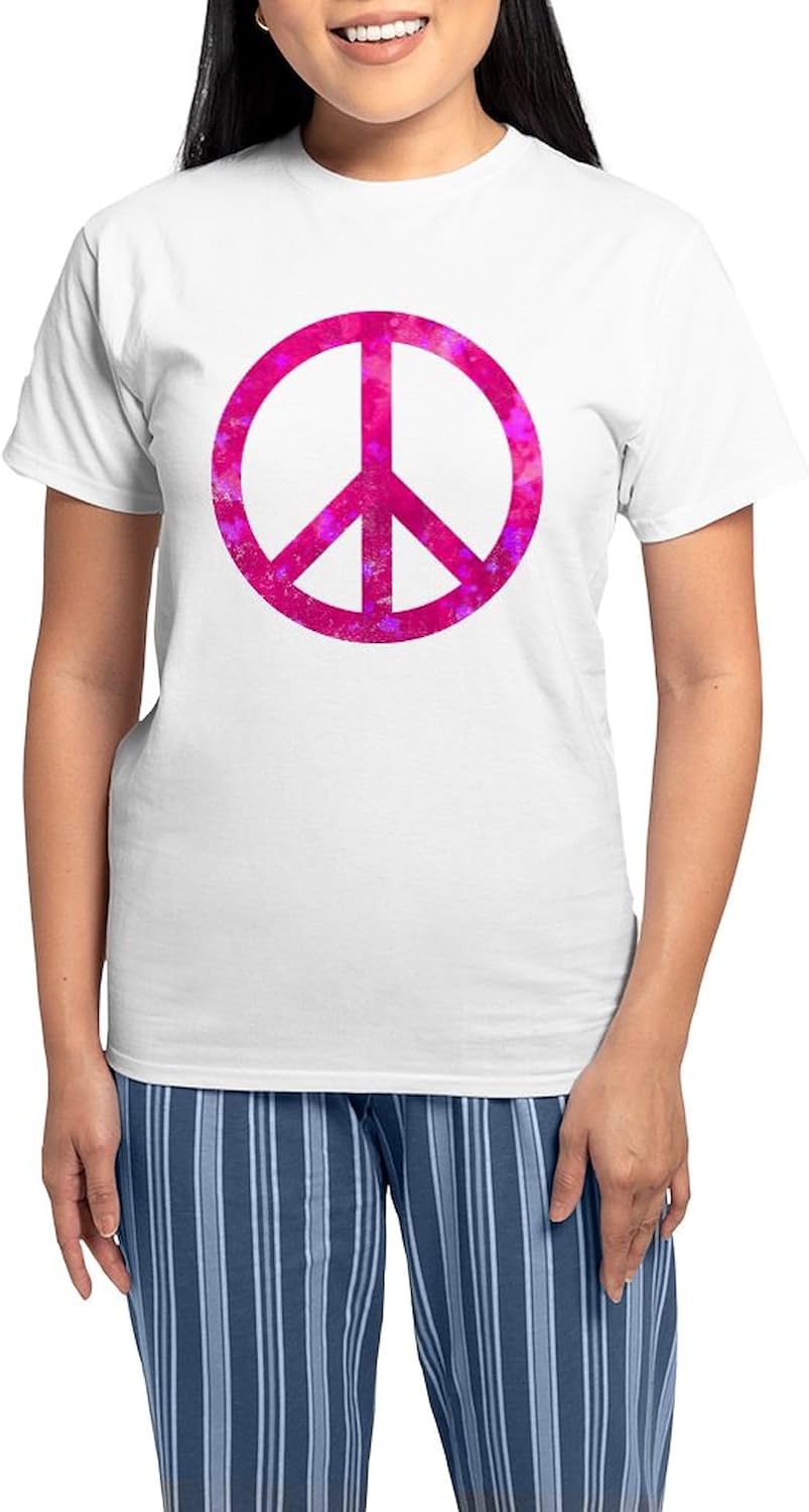 CafePress Distressed Pink Peace Sign Women's Light Pajamas Women's Novelty Cotton Pajama Set, Comfortable PJ Sleepwear
