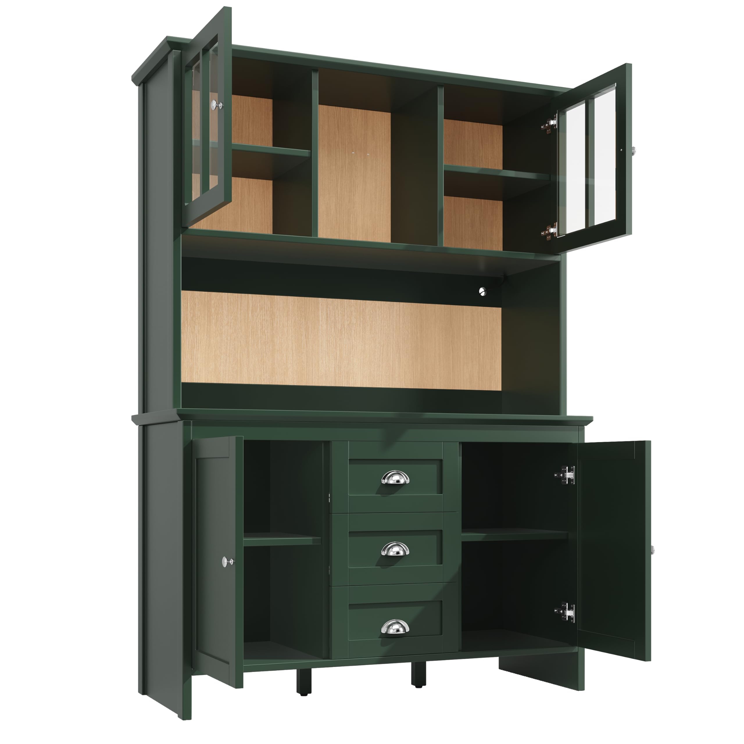 Armadio a buffet, alto da cucina, credenze, con ante in vetro marrone e illuminazione a LED, 4 ante e 3 cassetti, per cucina, sala da pranzo, 120 x 40 x 179 cm (verde)