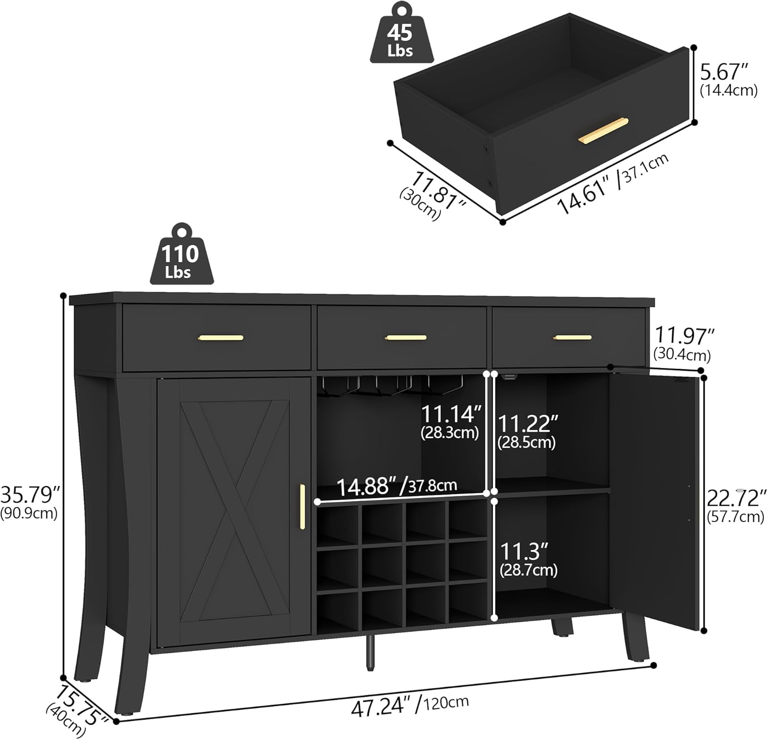 Wine Bar Cabinet with Led Light - Kitchen Buffet Side Board Storage Cabinet w/ Wine and Glass Rack, Farmhouse Black Buffet Liquor Cabinet with Doors & Drawer, Home Bar Cabinet for Dining Room (Black)