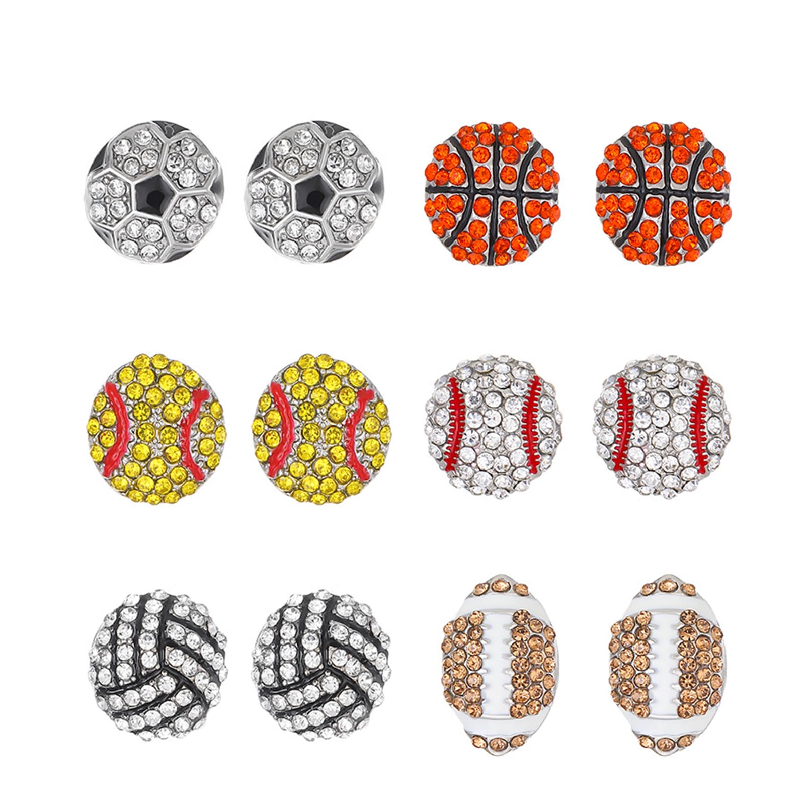 Dreuyet 6 Pair Sport Ball Stud Earrings Rhinestone Crystal Baseball Basketball Volleyball Football Rugby Shiny Sport Earrings for Women Sport Fans