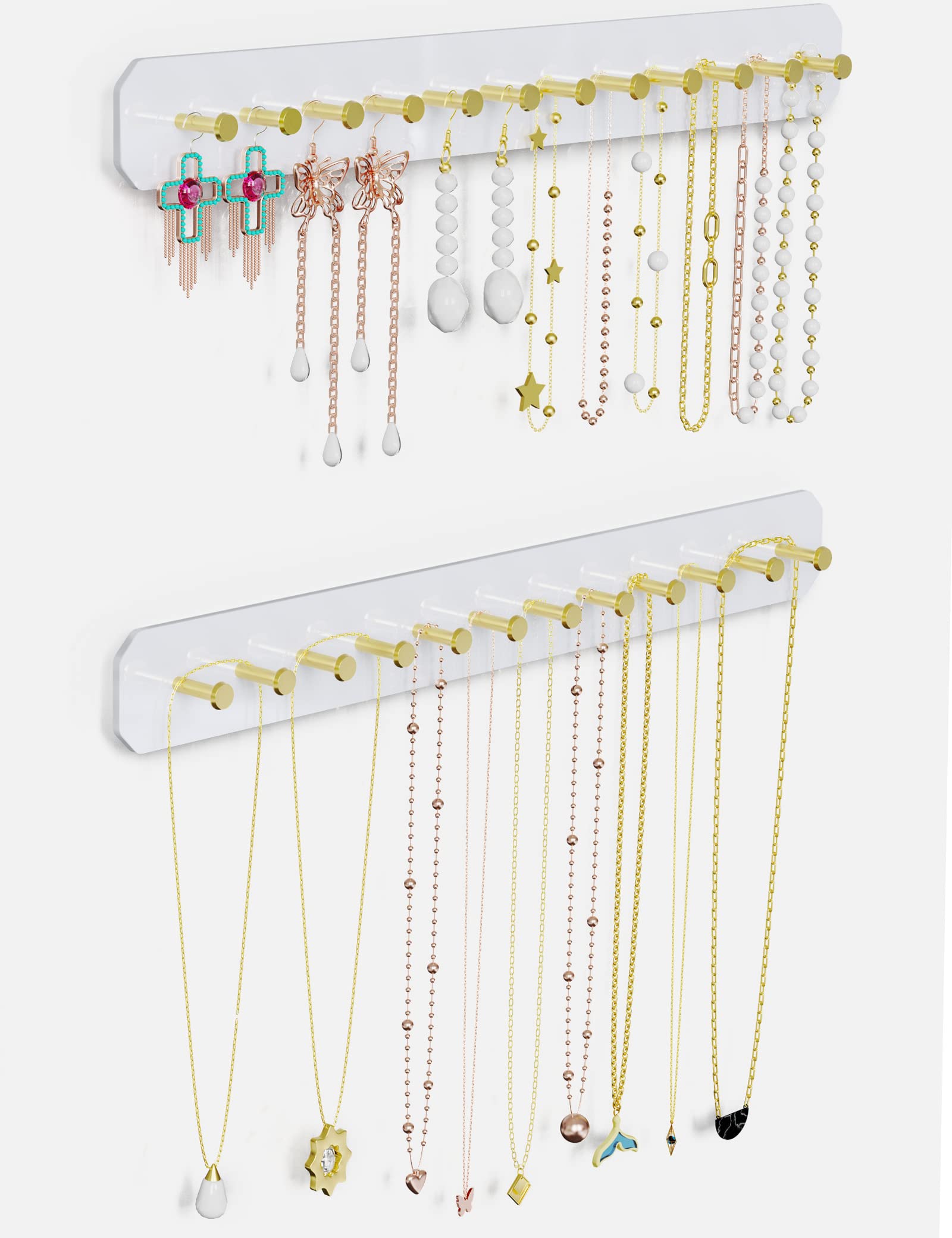NiHome Naścienny akrylowy organizer na biżuterię, 2 sztuki, trwały, elegancki stojak, mocne haczyki ze stali węglowej, na toaletkę, do łazienki, kuchni, bezproblemowy montaż, wiele opcji montażu