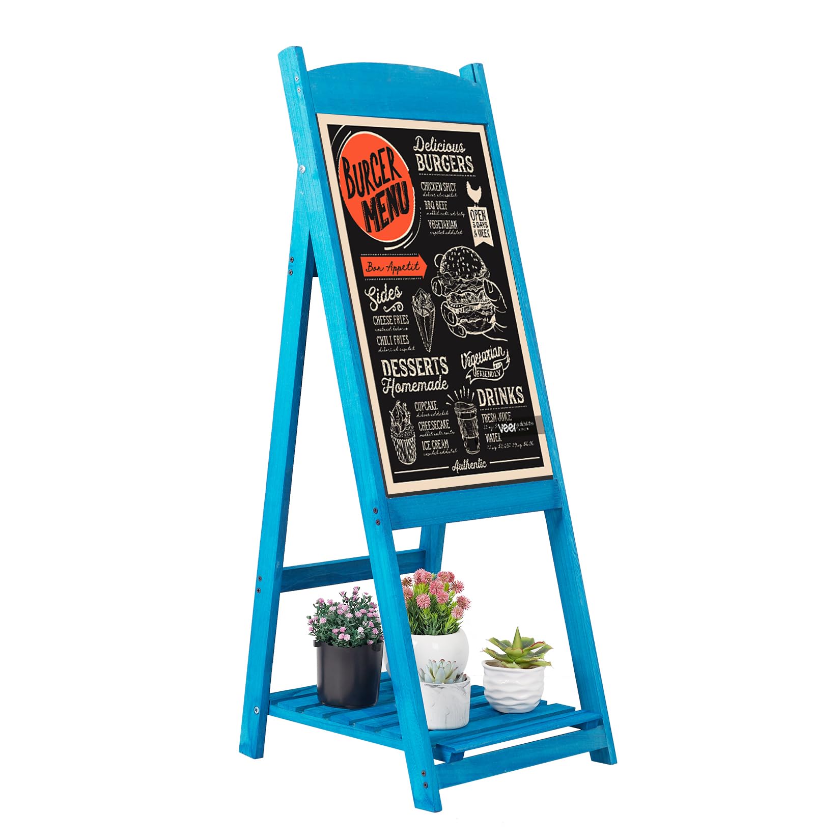 UNHO Outdoor Chalkboard Pavement Sign: Wooden A Frame Sign Board with Magnetic Blackboard Freestanding A Boards Pavement Signs with Storage Shelf, 36.5x42x105cm, Blue