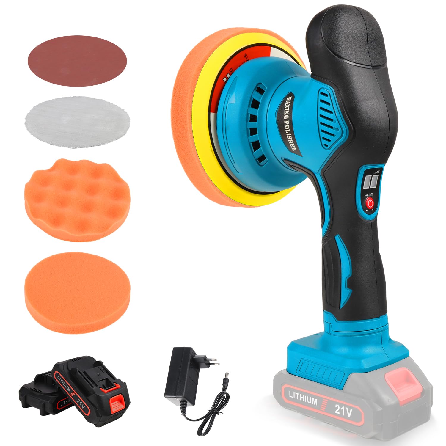 HERZO Lucidatrice a batteria 150 mm, tampone auto e lucidatrice, 6 velocità variabile, set di lucidatura auto, 2 batterie da 21 V 1,5 Ah, lucidatrice senza fili per la cura dell'auto, lucidatura, cera