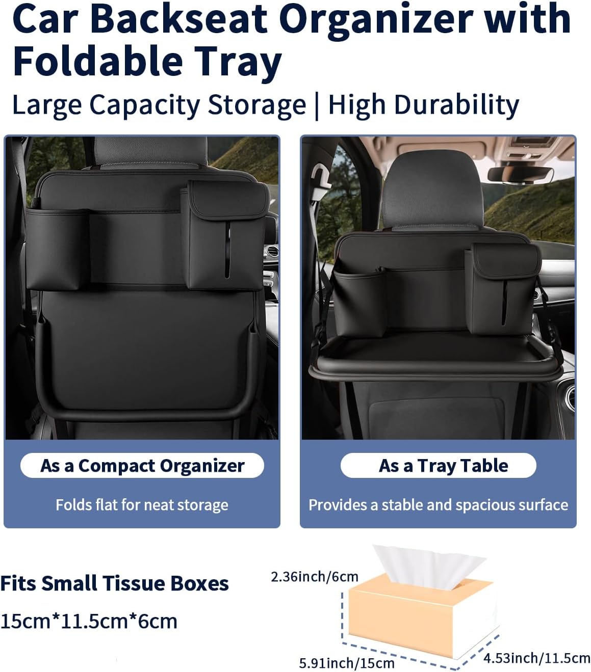 Backseat Car Organizer with Foldable Table Tray, Multifunctional Leather Car Back Seat Storage Organizer with Cup Phone Tissue Holder (Black)