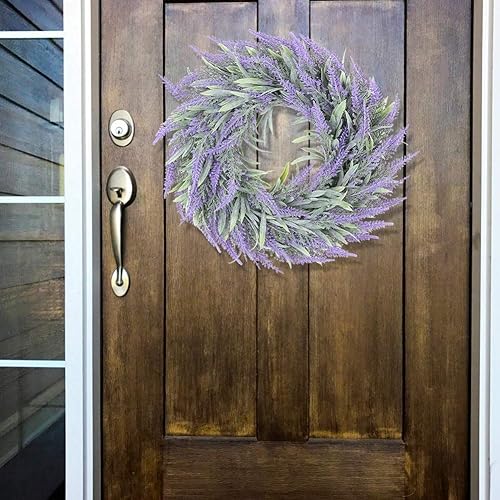 Miniatura 3 de Corona de lavanda artificial de 11 pulgadas para puerta delantera, corona de flores moradas con hojas verdes, corona de granja, para el hogar,