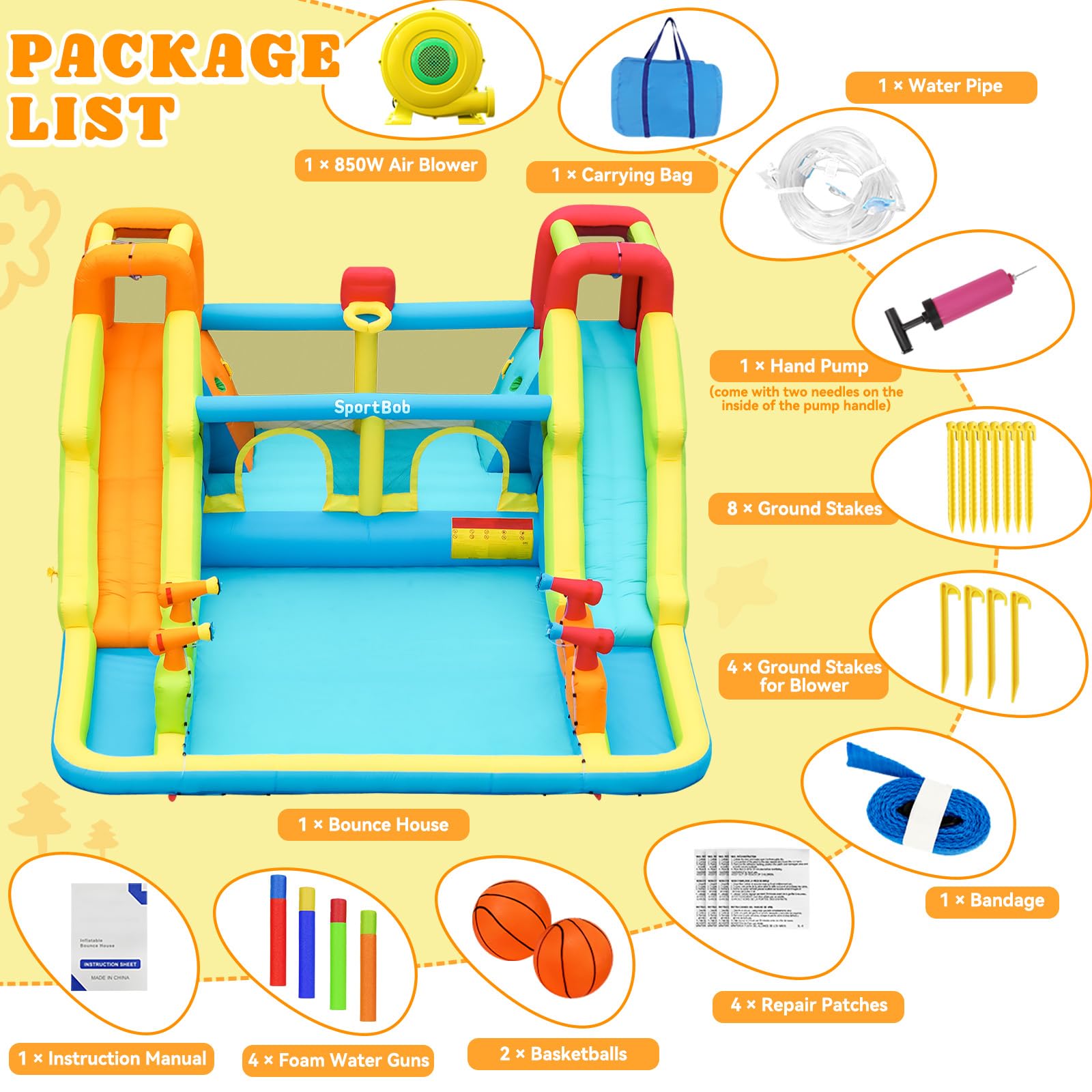 Castello Gonfiabile Grande con Acquatico Scivolo per Bambini, 452x416x210cm | con Piscina, 4 Cannoni Spruzzatori d'acqua, 2 Pareti Arrampicata, Trampolino, Canestro da Basket per Interno Giardino Esterno