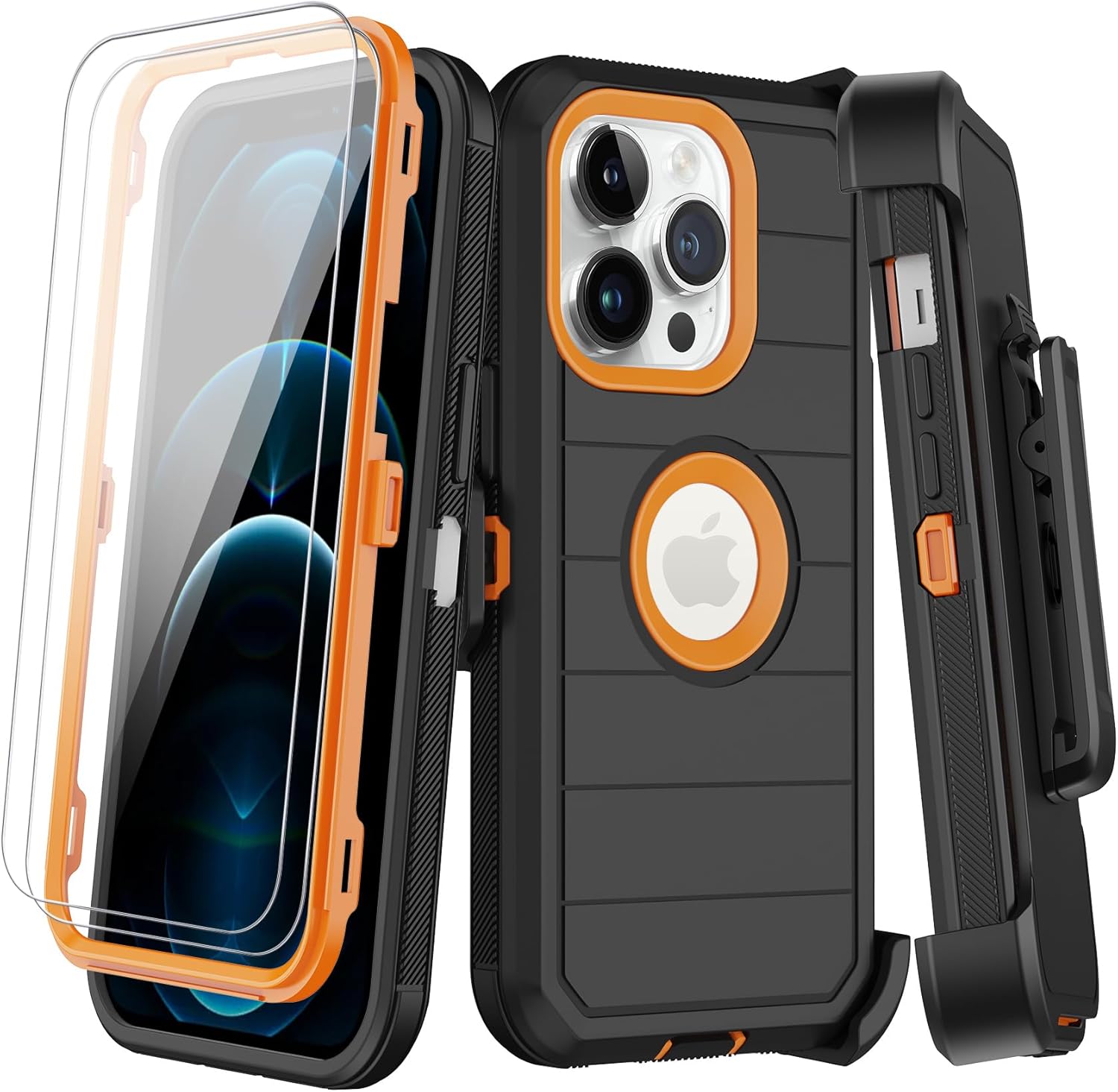KECAI for iPhone 12 Pro Max Case with Belt Clip Holster, 2X Screen Protector,Heavy Duty Shockproof Drop Protection Military Grade Full Body Rugged Phone Cover with Kickstand (Black/Orange