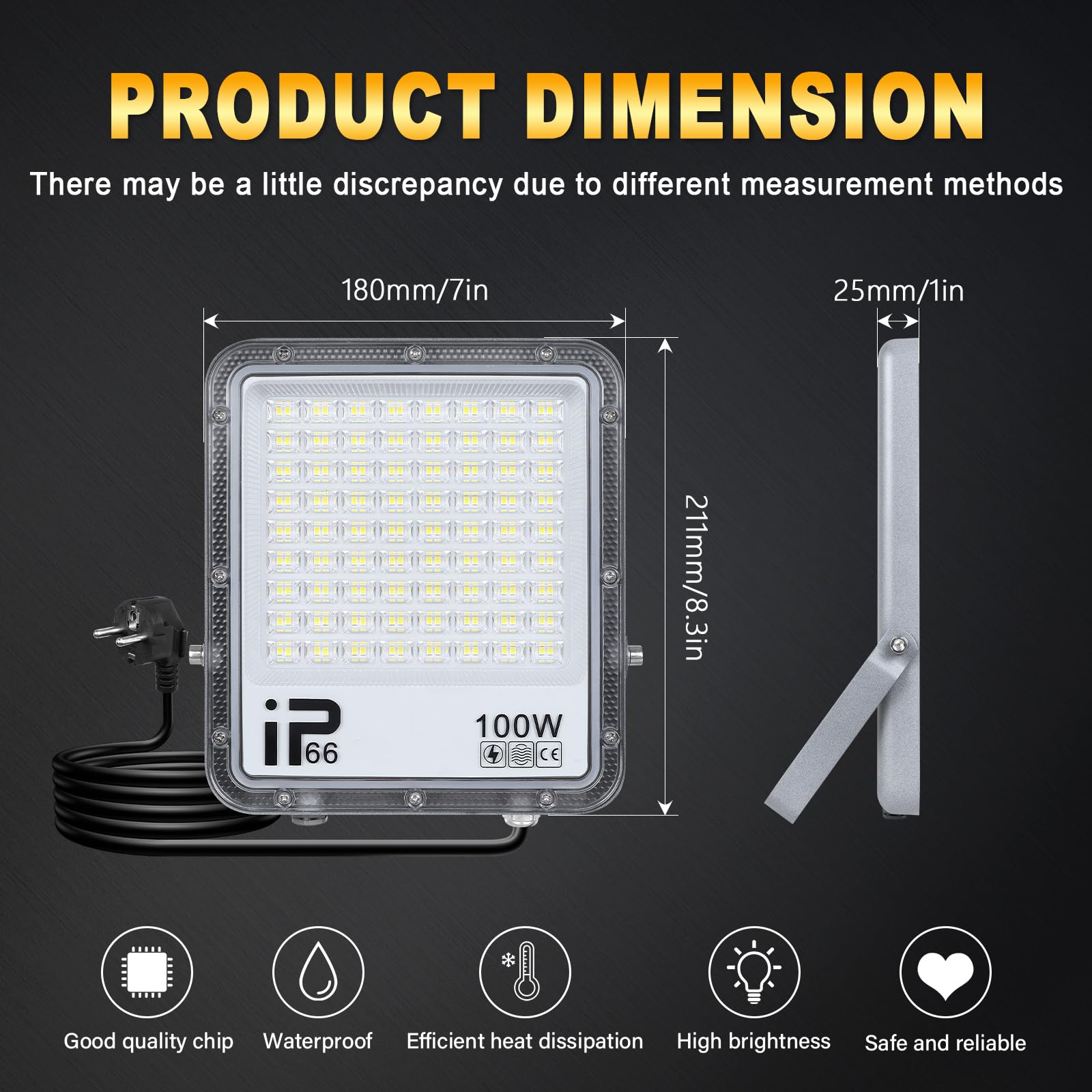 RIGIDON 2x 100W led strahler außen mit stecker, 10000lm außenstrahler, IP66 | wasserdicht, 1 meter kabel, 6000K kaltweiß, led fluter scheinwerfer flutlicht, für garten innenhöfe garage terrassen hof