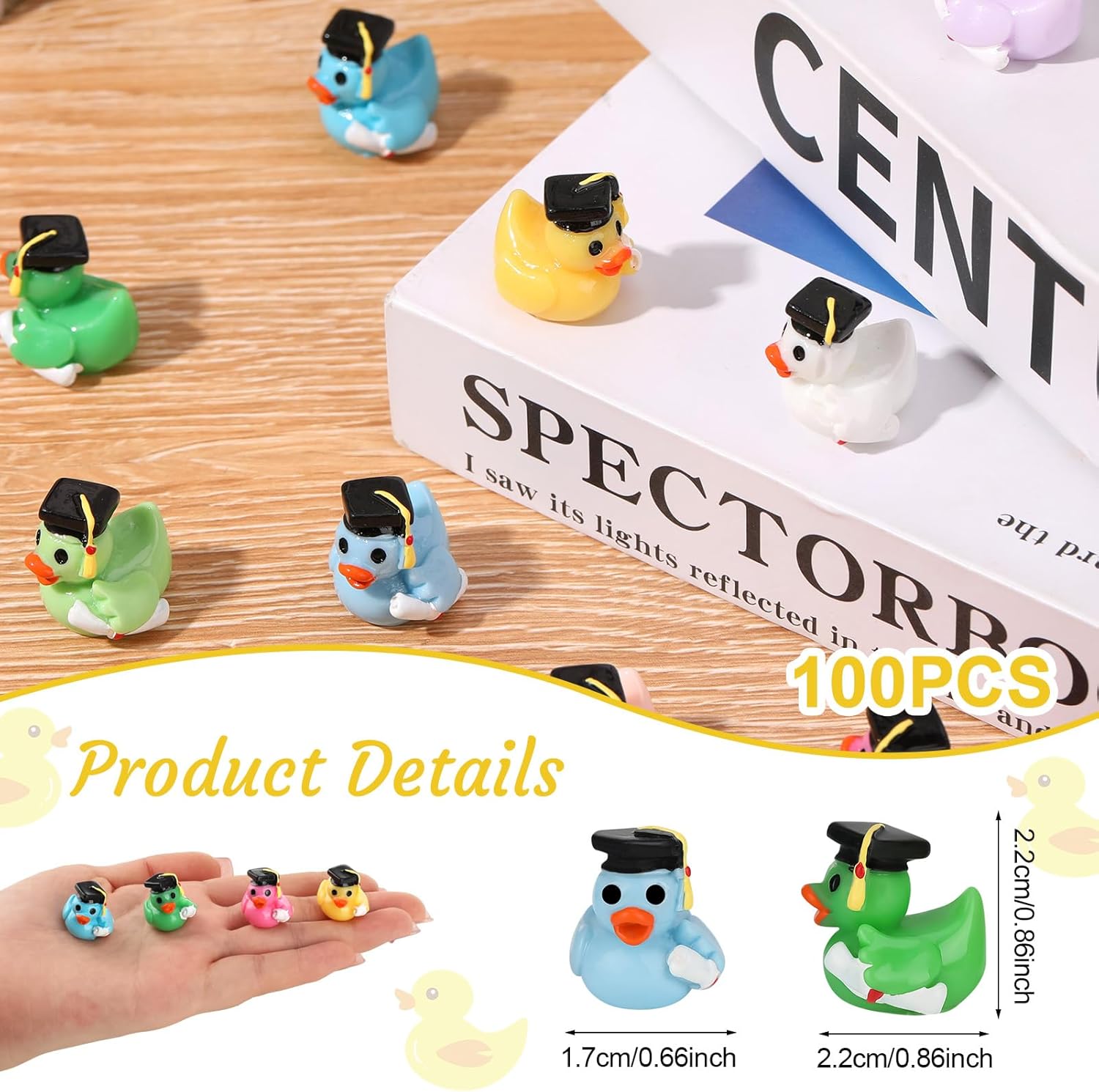 100 Pcs Mini Graduation Resin Ducks, Graduation Resin Ducks with Graduation Tassel Cap and Holding Certificate, Yellow Tiny Grad Duck Bulk Novelty Graduation Gift & Keepsake (10 Colors)