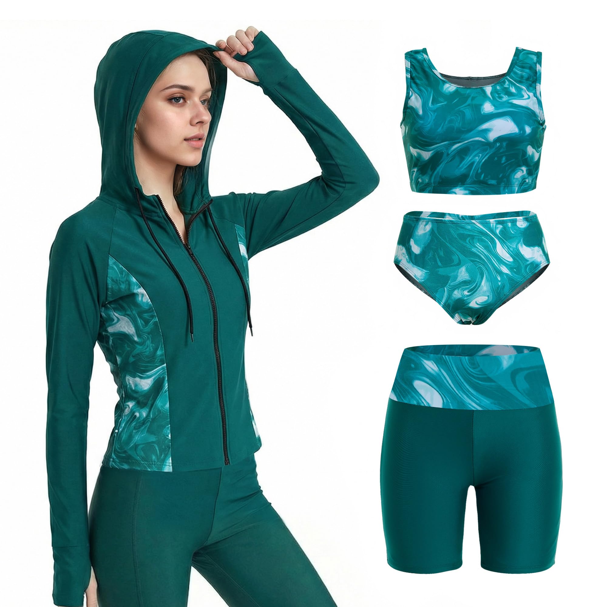 Owntop Camiseta de natación de manga larga para mujer, camiseta de natación con protección UV con brasier integrado, juego de 4 piezas para natación, surf y vacaciones en la playa