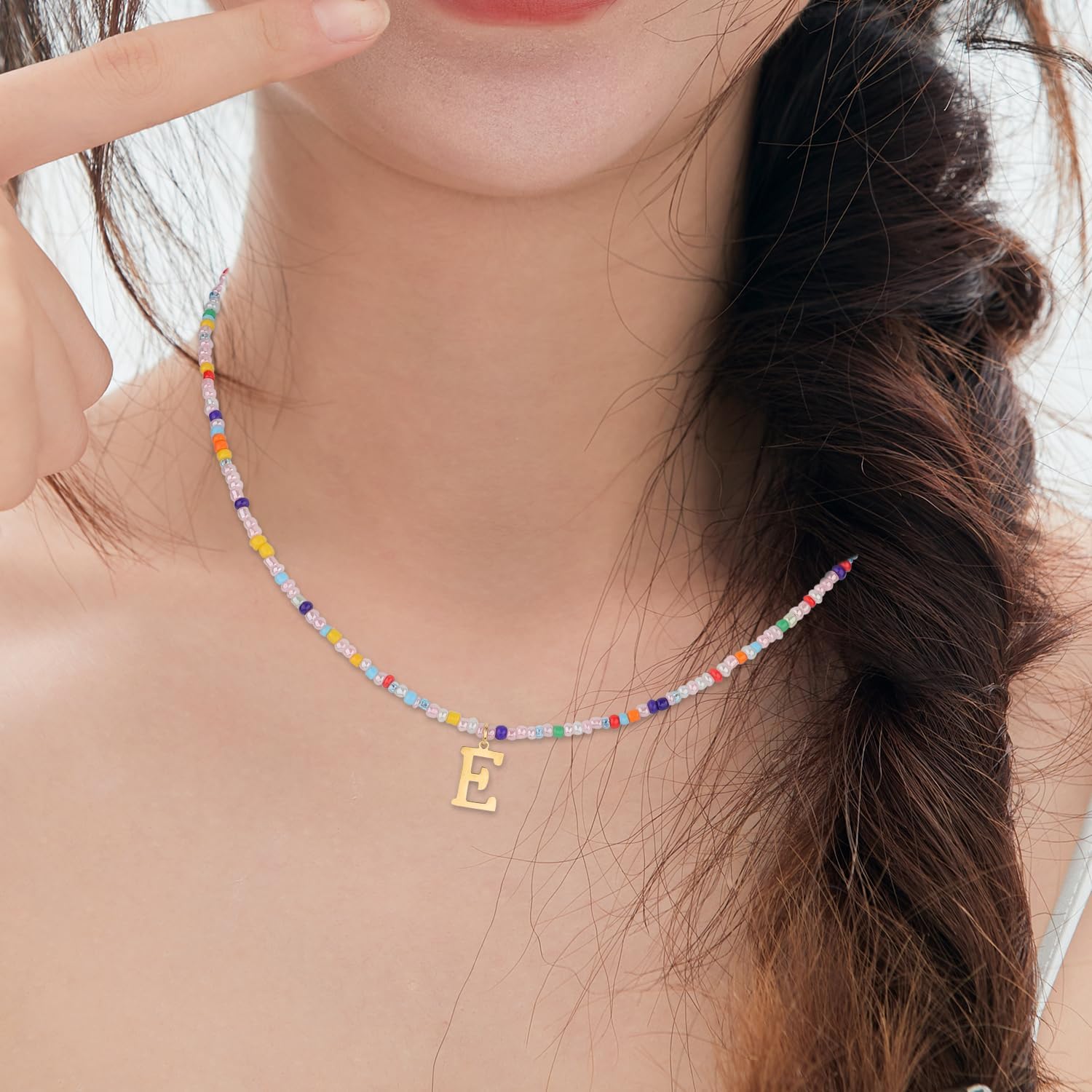 Colorful Beaded Initial Necklace, Summer Necklaces for Women Letter Pendant Necklace Bohemian Beaded Necklace Handmade Jewelry Gifts (E) - Image 6