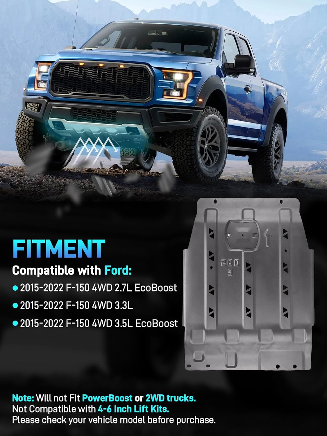Transmission Skid Plate Compatible with 2015-2022 Ford F150 4WD 2.7L EcoBoost, 3.3L, 3.5L EcoBoost, Steel Under Guard Splash Shield with Install Accessories