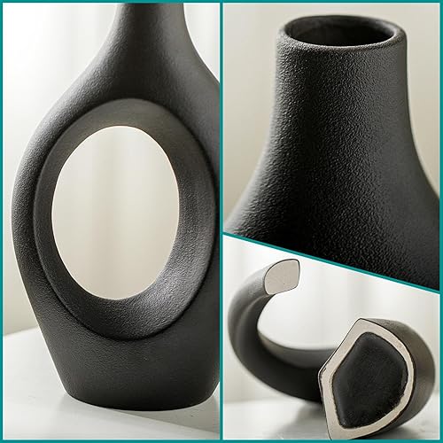 Miniatura 6 de XL Black Ceramic Vase Set of 2 for Modern Home Decor, Neutral Boho Round Donut Pampas Grass Vases, Nordic Aesthetic Vase, for Living Room Coffee