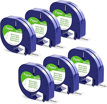 LK 6-Pack Replacement for DYMO LetraTag Refills, Black on White Label Maker Refills Self-Adhesive Paper LT Tape 91330 10697 S0721510 for DYMO Letra Tag LT-100T LT-100H QX50, 12mm x 4m
