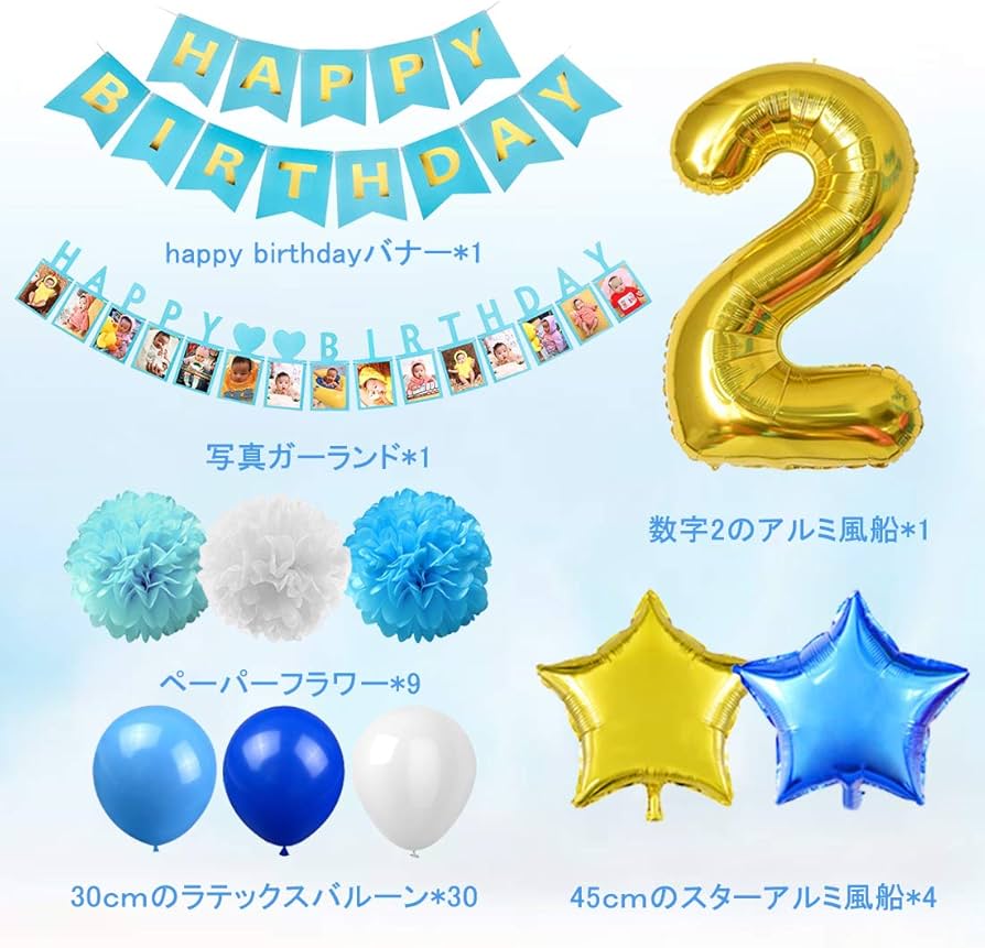 Amazon.co.jp: 2歳 誕生日飾り付け セット 数字2 ブルー スター 風船