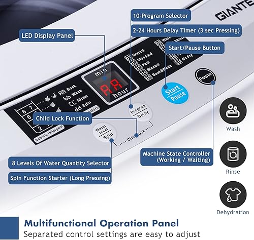 Miniatura 4 de RELAX4LIFE Lavadora completamente automática, lavadora compacta de 12 libras de capacidad con 10 programas, 8 niveles de agua, pantalla LED y bomba