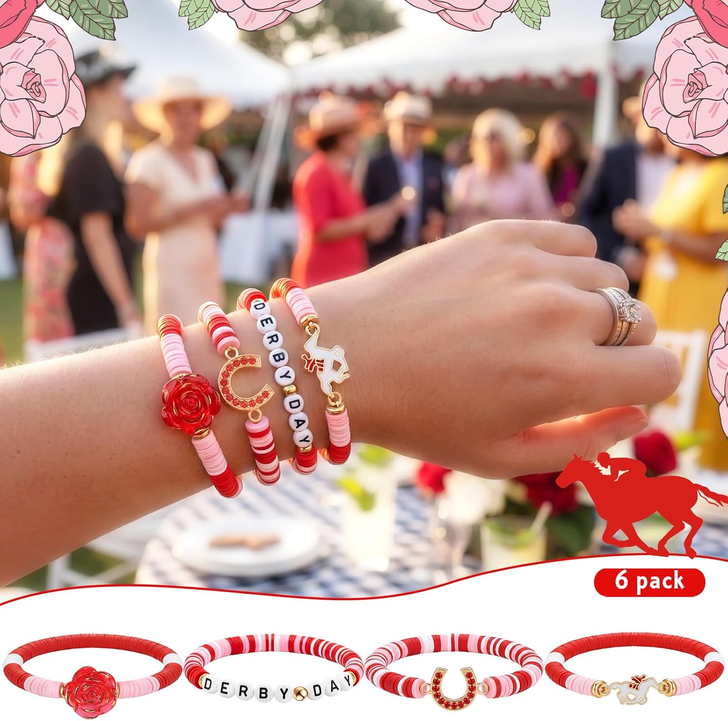 Kenning 24 Pcs Derby Bracelets Bulk for Women Horseshoe Floral Race Heishi Horse Beaded Bracelets Horse Jewelry Gifts Accessories for Derby Week Party Suit Outfit