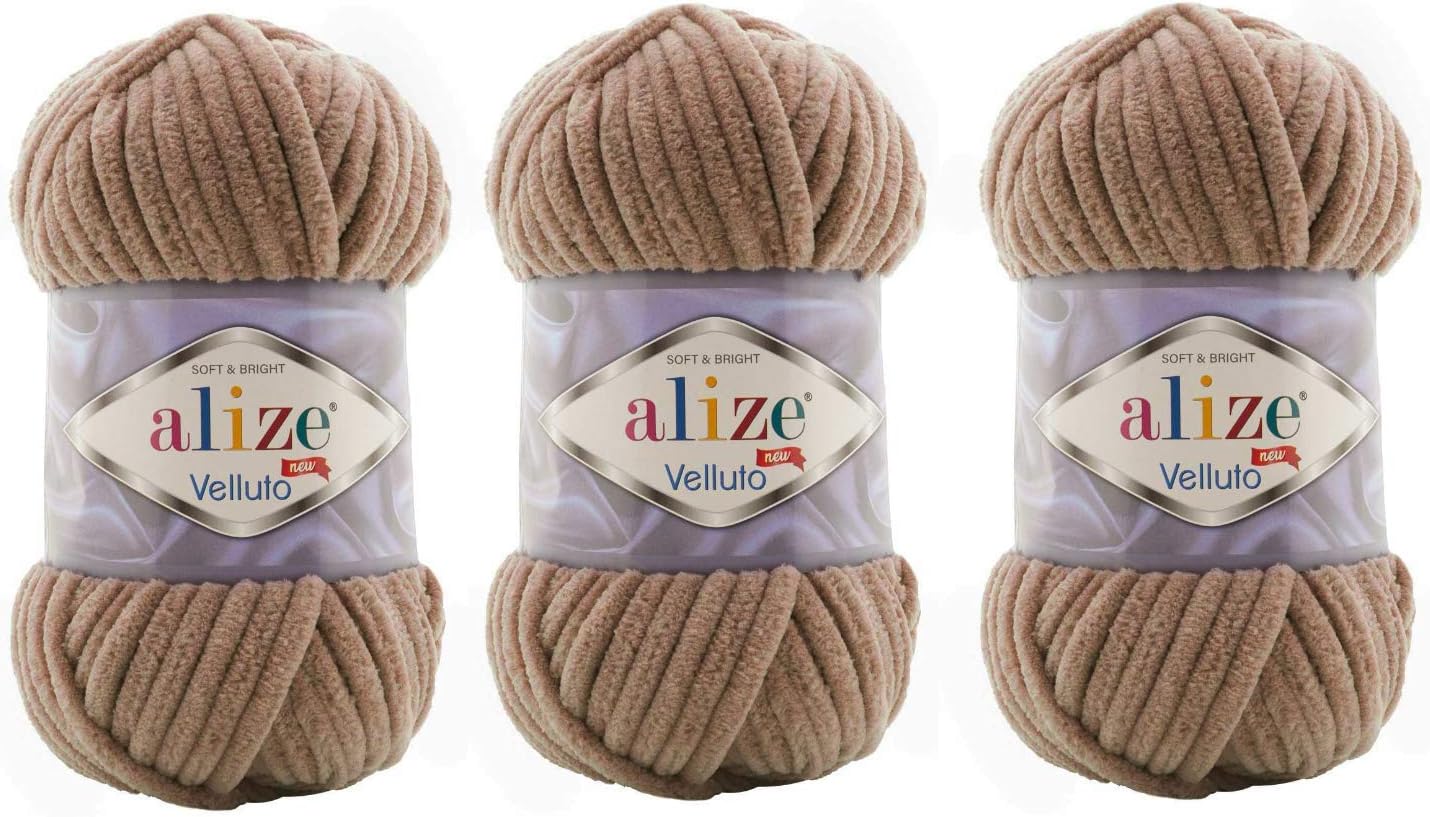 Alize Velluto 100% MicroPolyester Baby Blanket Yarn Lot of 3 skn 225 Yards 3x100gram, Yarn Weight: Super Bulky 6 (329 Tabacco)