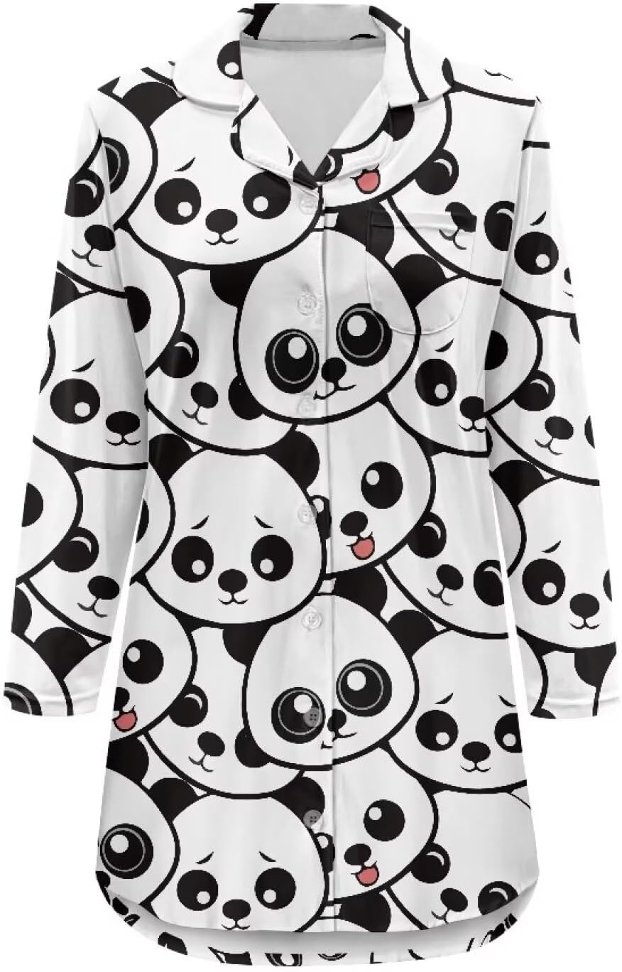 Women's Nightgown Button Down Pajama Dress Nightshirt Long Sleeve V-Neck Nightdress Sleepwear with Pocket